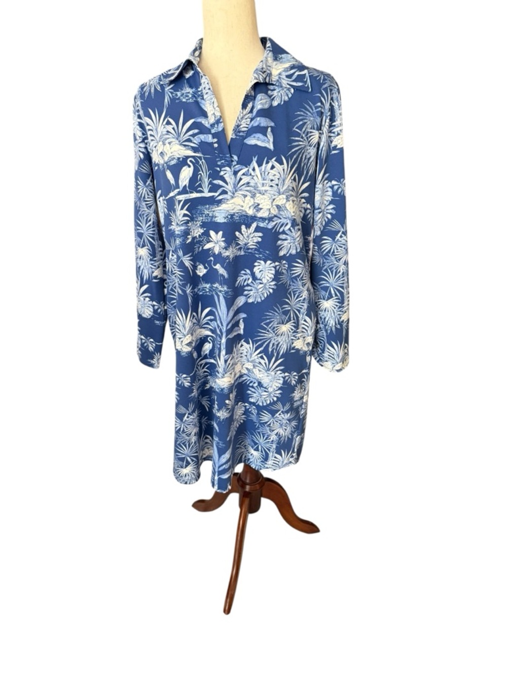 J McLaughlin Blue Tropical Long-Sleeve Shirt Dress